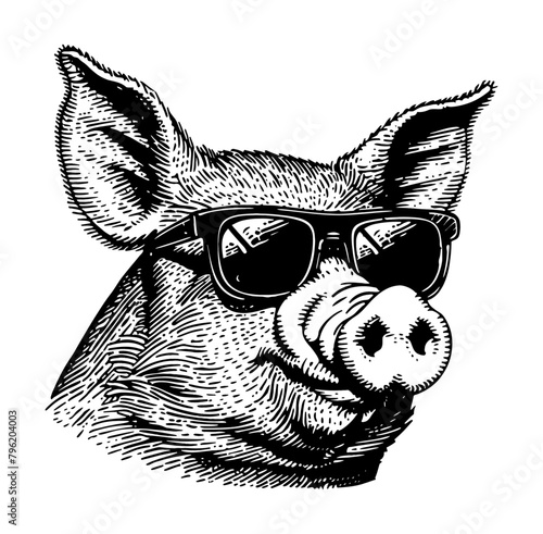 pig wearing sunglasses engraving black and white outline