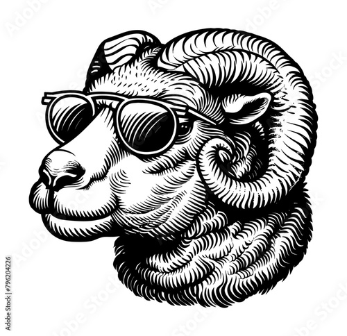 sheep wearing sunglasses engraving black and white outline