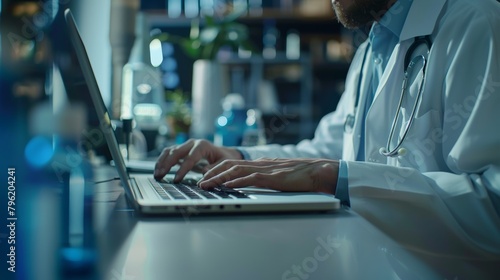 A doctor is typing on a laptop in a lab