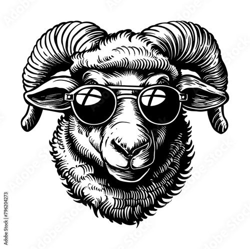 sheep wearing sunglasses engraving black and white outline