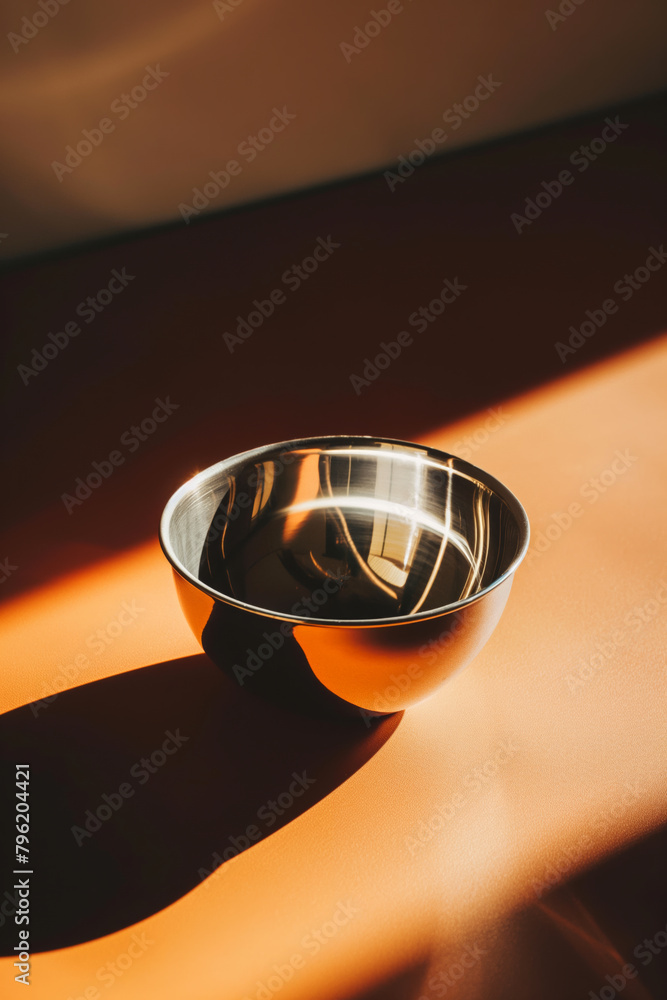 Metallic bowl on wooden surface under sunlight creating dramatic shadows. Minimalist still life photography with warm tones and striking contrast. Design concept for print, poster, and creative projec