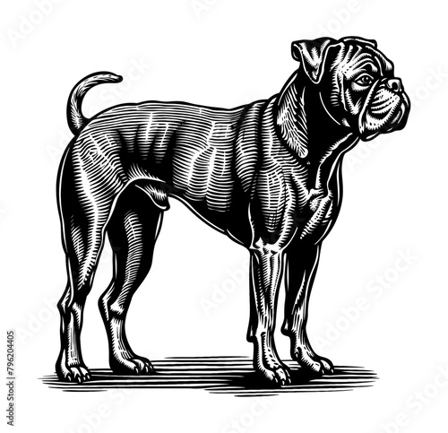 boxer dog engraving black and white outline