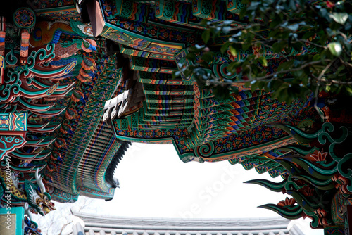 View of the colorful eaves in the Buddhist temple building