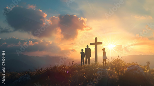 silhouette of Father, mother , son and daughter praying in front of giant Jesus Christ cross on the hill during sunset