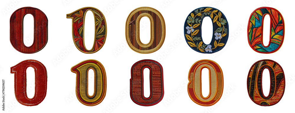 Assorted embroidered number zero designs with floral and patterned motifs cut out png on transparent background Assorted embroidered number zero designs with floral and patterned motifs cut out png on transparent background