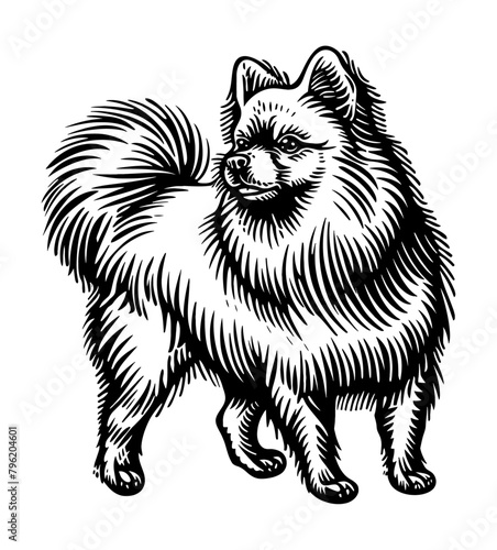 spitz dog engraving black and white outline