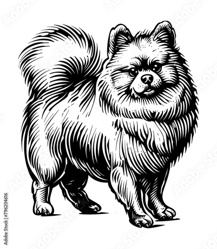 spitz dog engraving black and white outline