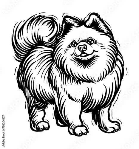 spitz dog engraving black and white outline