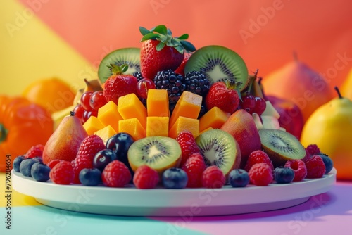 A colorful fruit platter with a variety of fruits including strawberries  kiwis