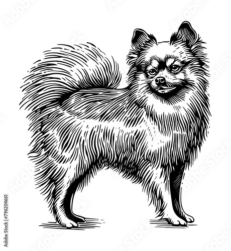 spitz dog engraving black and white outline