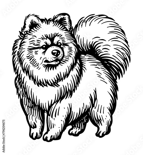 spitz dog engraving black and white outline