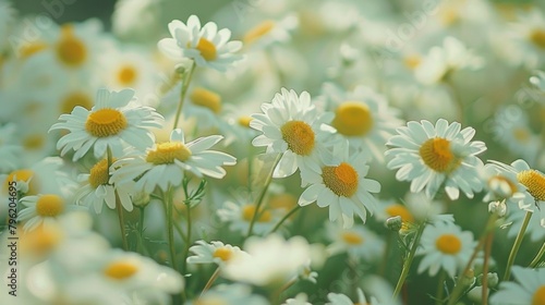 A sea of white and yellow daisies dance in gentle breezes their surroundings blurred to perfection inviting thoughts of sunny days and carefree afternoons in open fields. .