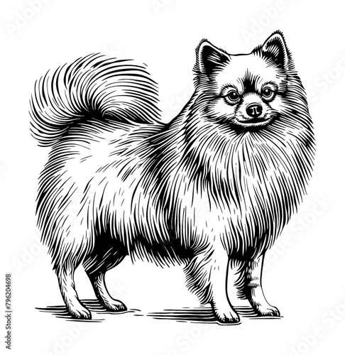 spitz dog engraving black and white outline