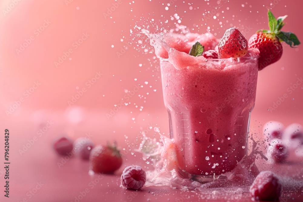 A glass of pink juice with strawberries and raspberries in it A glass of pink juice with strawberries and raspberries in it