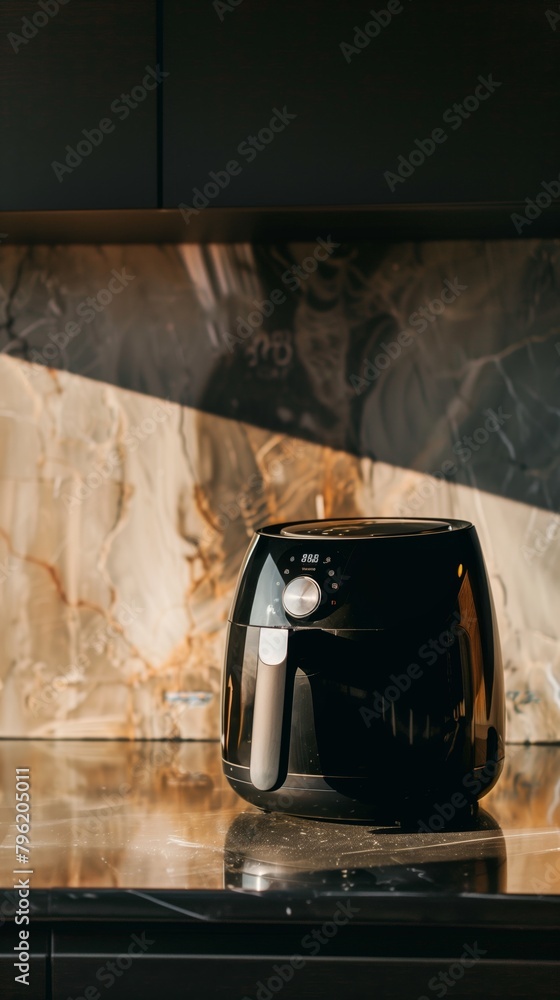 sleek black digital air fryer on marble kitchen countertop modern home appliance