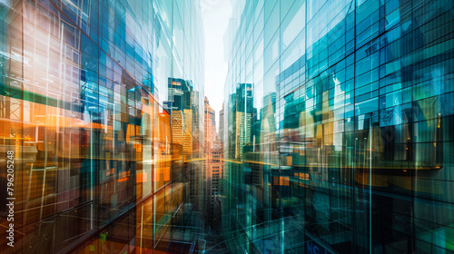 Double exposure of business skyscrapers and modern city. Concept of success and growth. AI.