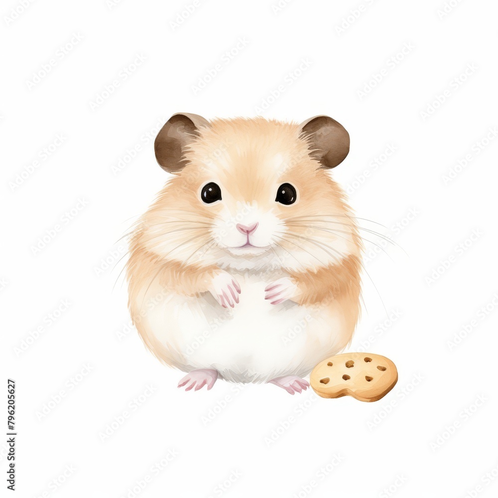 A cute cartoon hamster with big eyes and a cookie next to it.