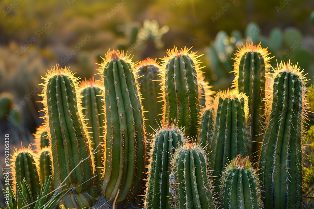 The sun rises over the desert, casting its golden light on the cactus spines. The cacti stand tall and proud, like sentinels guarding the land The sun rises over the desert, casting its golden light on the cactus spines. The cacti stand tall and proud, like sentinels guarding the land