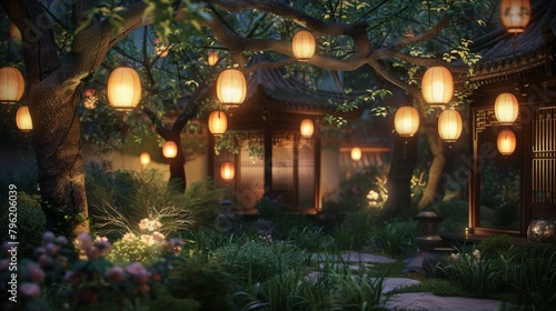 A tranquil garden illuminated by softly glowing lanterns hanging from tree branches, creating a peaceful and serene setting for relaxation and contemplation. photo