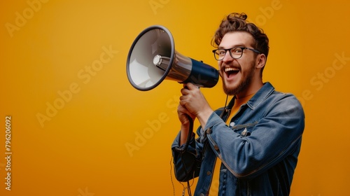 Joyful young man with glasses shouting into a megaphone against a vibrant yellow background