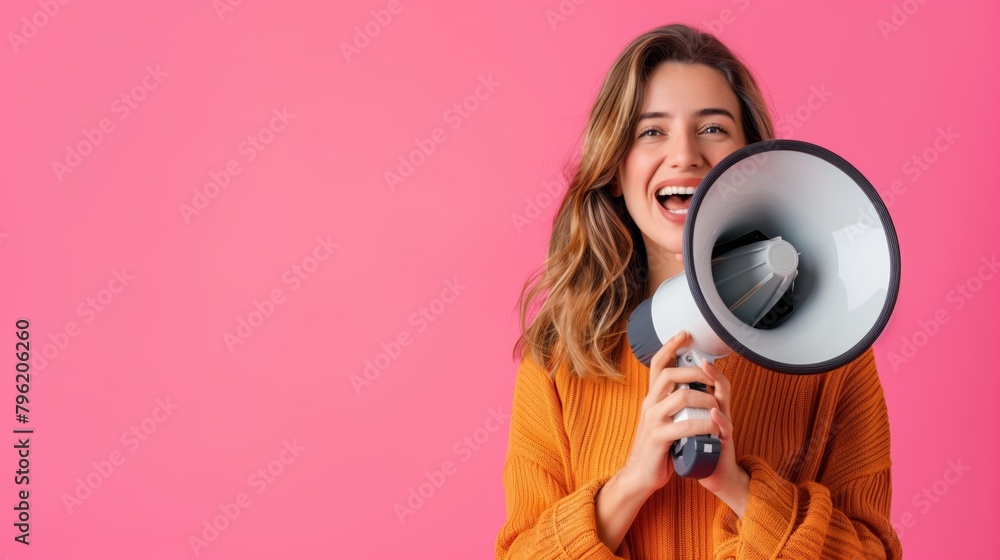 Obraz premium Joyful young woman in orange sweater holding a megaphone, against a pink background.