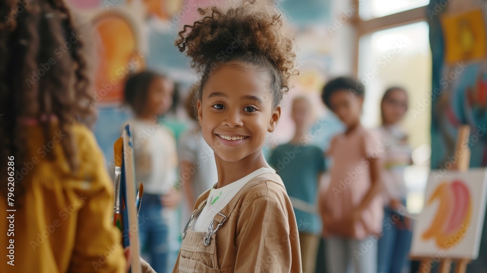 Smiling young girl with curly hair enjoying art class with peers in a ...