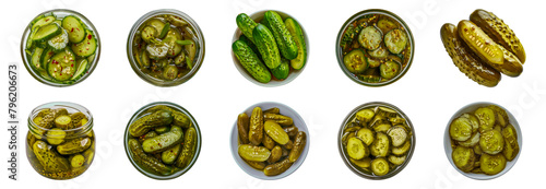 Assorted pickled cucumbers in bowls and jars cut out png on transparent background