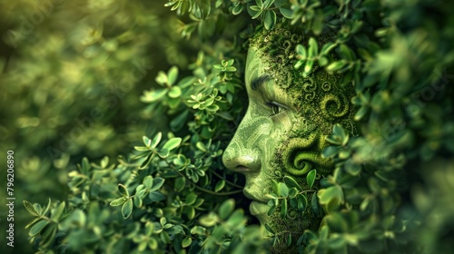 Sustainable nature conservation in agreement with nature concept with human face covered in green leaves and vines Breathing in the fresh, natural air Cherish and be aware of Save nature.