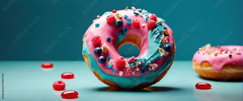 Donuts in multi-colored glaze on a bright background. A work of art from a pastry genius!