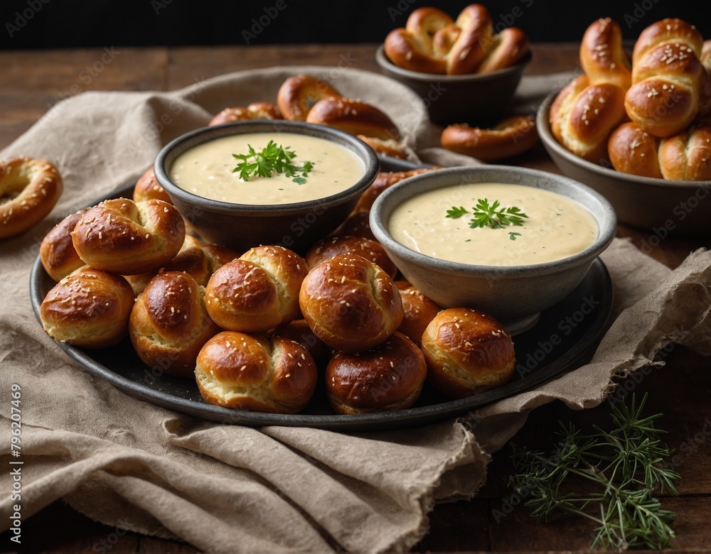 A tray of soft pretzel bites served with a side of warm cheese sauce for dipping.
A tray of soft pretzel bites served with a side of warm cheese sauce for dipping.