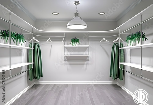 White modern large walkin closet with lots of white shelves and drawers, green hanging on hangers, pendant light, photo taken from the front looking at an empty center space photo