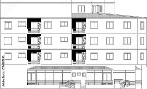 Illustration of a design sketch for architectural drawings of multi-storey buildings, skyscrapers, hotels, apartments, modern flats