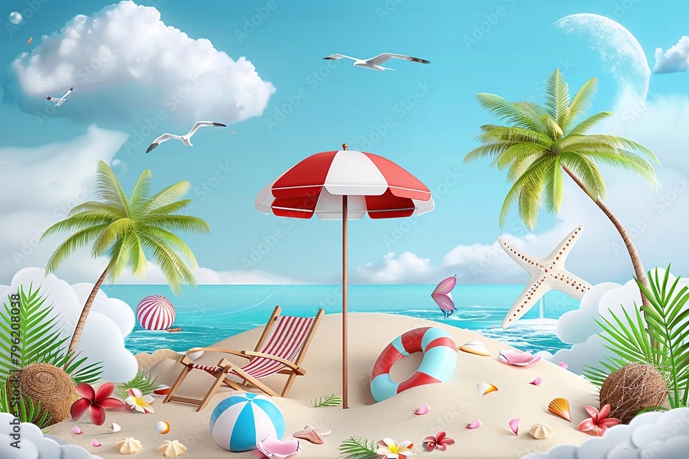 Summer vector illustration, pile of sand, coconut trees, beach umbrella, beach chair, beach ball on the background of clouds and sandy beach.