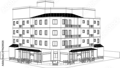 Illustrations, design sketches, architectural perspective drawings, multi-storey buildings, skyscrapers, hotels, apartments, modern flats