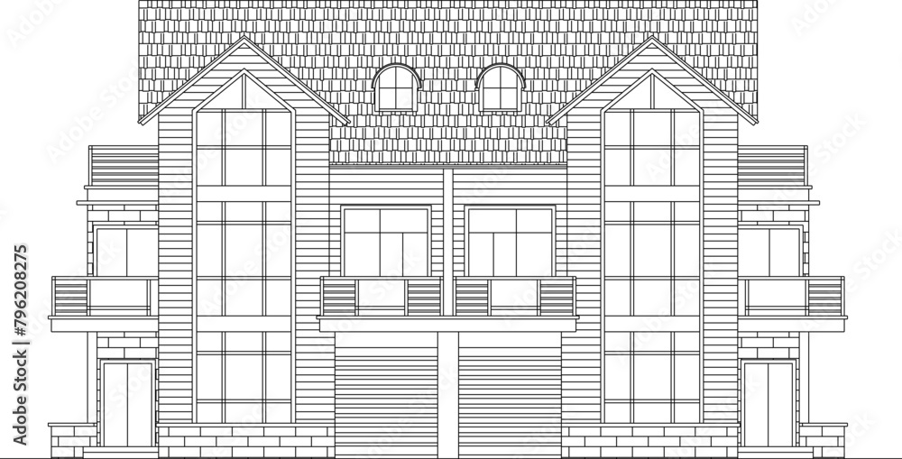 Fototapeta premium vector illustration design sketch architectural drawing of classic house building vintage modern minimalist minimal detail