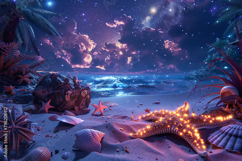 Luminous Starfish and Shells Under a Starry Night Sky with Nebula Clouds