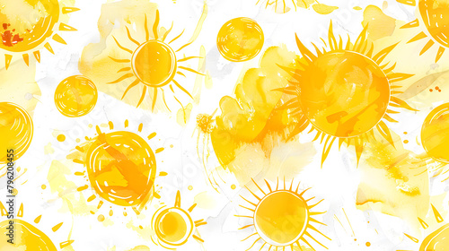 This image features a playful and energetic pattern of sunbursts and paint splashes in warm yellow and white, creating a joyful and vibrant visual ideal for summer-themed designs.