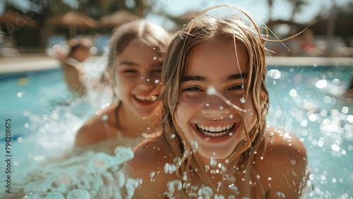 Two teenage girls having fun at a pool party laughing and splashing water. Concept Pool Party  Teenagers  Laughter  Fun  Water Play