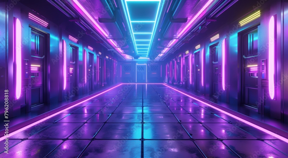 3d rendering of a corridor room with futuristic purple neon light. 3d rendering of a corridor room with futuristic purple neon light.