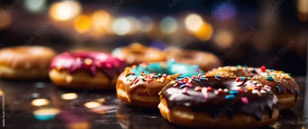 Donuts in multi-colored glaze on a bright background. A work of art from a pastry genius!