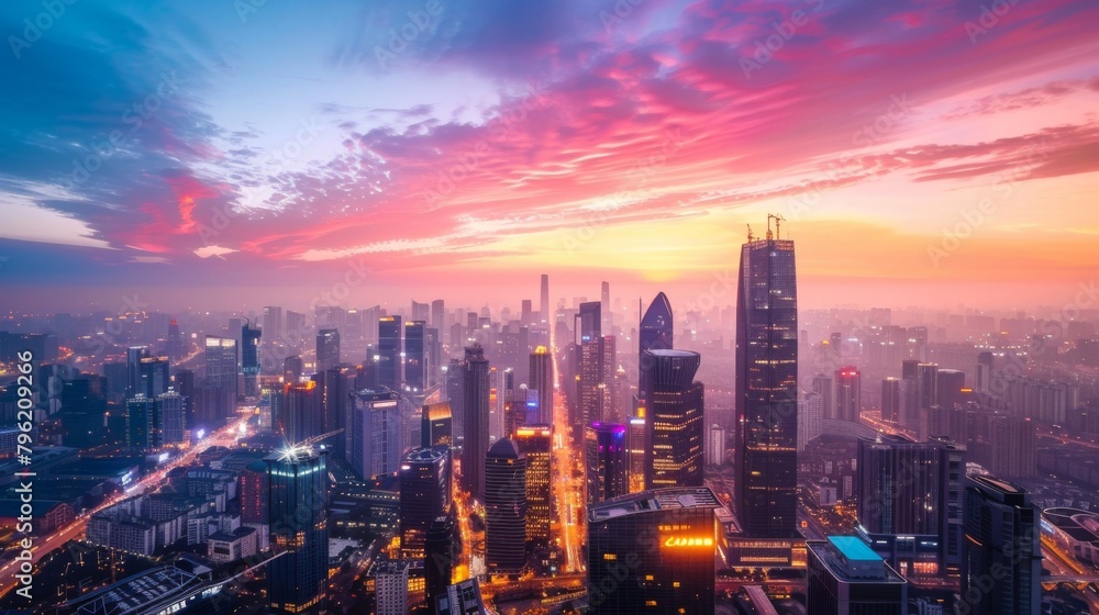 Fototapeta premium A vibrant sunrise over an urban skyline, illuminating skyscrapers and bustling streets