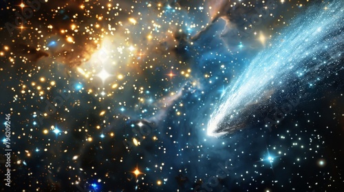 A dreamlike scene of a fuzzy comet soaring through a galaxy filled with ling stars. . photo