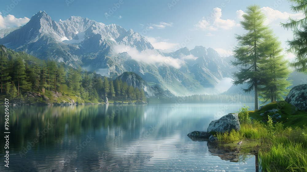 Serene mountain lake reflecting a crisp, clear sky amidst towering alpine peaks.	