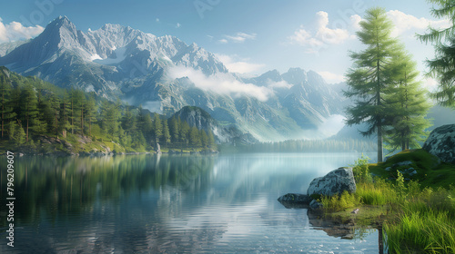Serene mountain lake reflecting a crisp, clear sky amidst towering alpine peaks. 