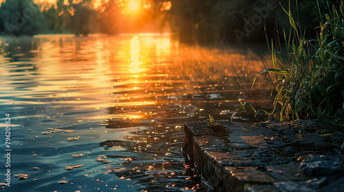 Sunset by the river, with golden reflections on the water and a tranquil atmosphere. 