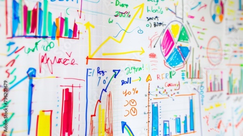 A whiteboard covered with colorful markers drawing a detailed business graph, with arrows and annotations illustrating key points and trends. photo