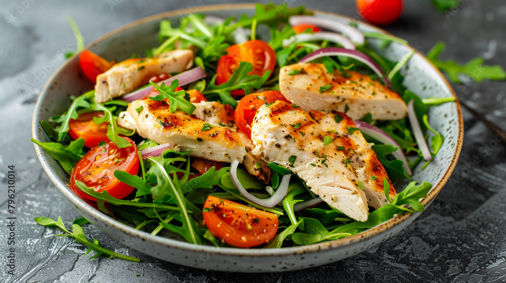 Chicken salad with cherry tomato, young arugula, lettuce and red onion , Chicken salad with cherry tomato, young arugula, lettuce and red onion ,