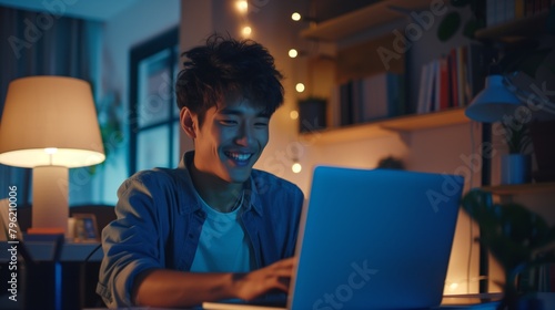 Young Asian man smiling while using a laptop in a cozy, well-lit room at night.