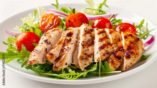 Chicken salad with cherry tomato, young arugula, lettuce and red onion ,
