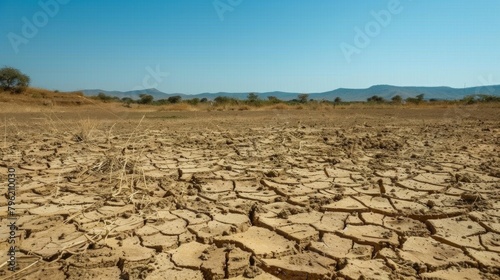 A withered, parched landscape under a cloudless sky, symbolizing the severity of drought